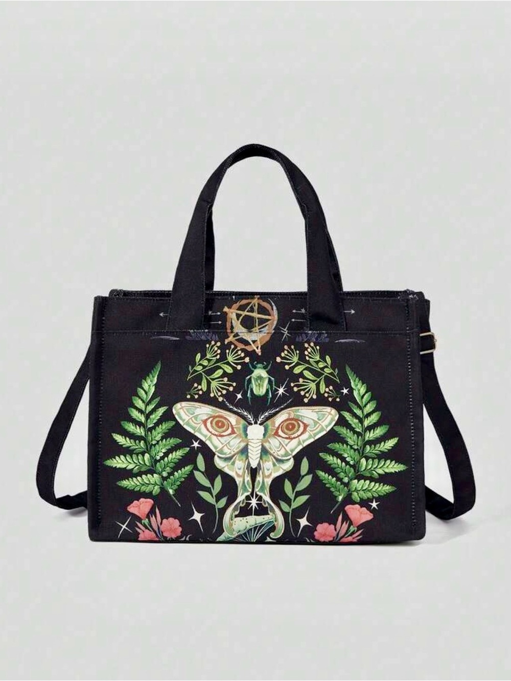 Woman’s Black Goth/Fairycore Print Tote Bag w/ Adjustable Straps - Picture 3 of 12
